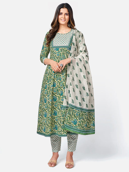 NOZ2TOZ Women Green Anarkali Cotton Kurta with Pant & Dupatta (3pcs Set) 