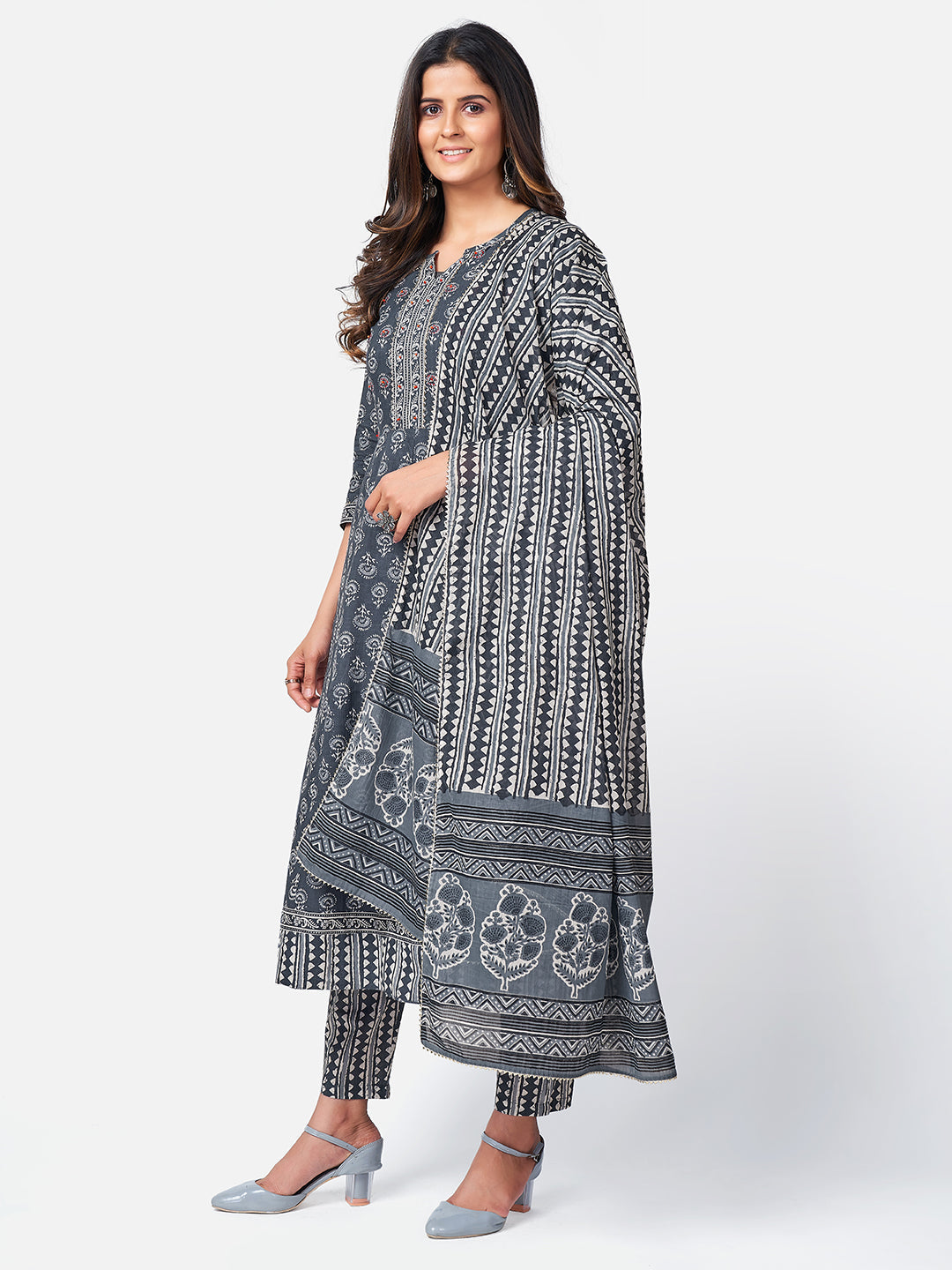 NOZ2TOZ Women Dark Grey Anarkali Cotton Kurta with Pant & Dupatta (3pcs Set) 
