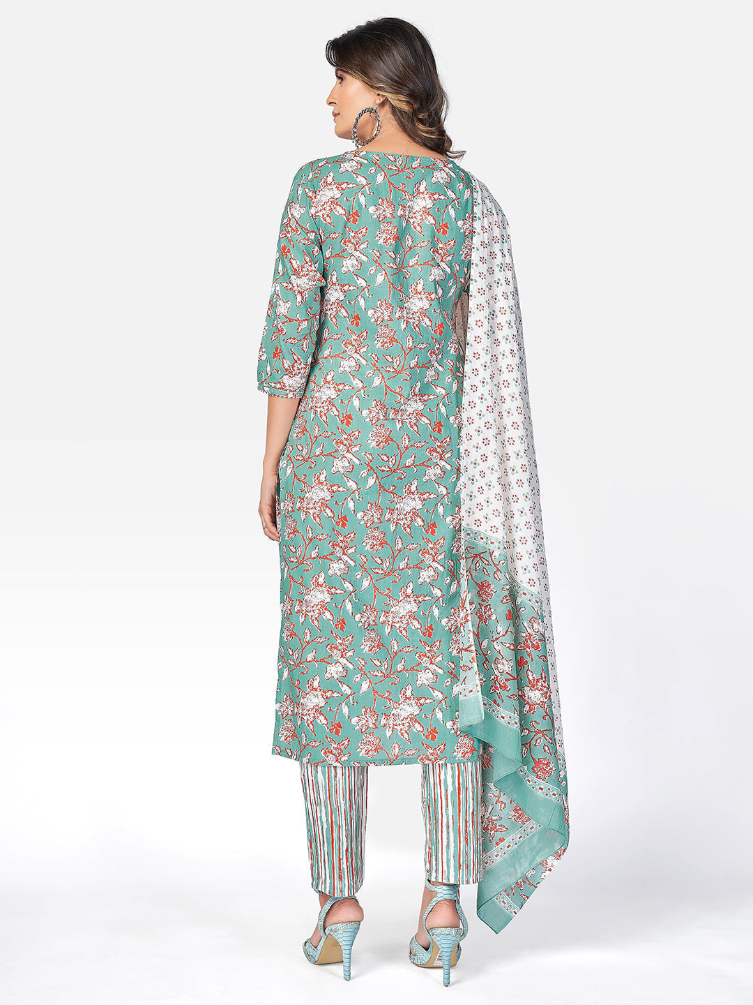 NOZ2TOZ Women Sea Green Cotton Kurta with Pant & Dupatta (3pcs Set) 