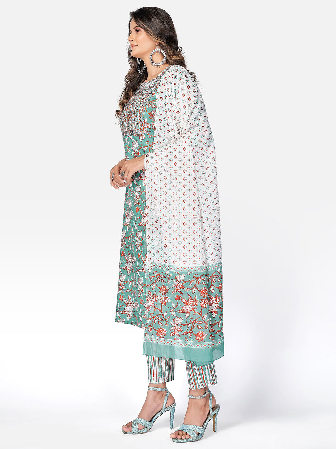 NOZ2TOZ Women Sea Green Cotton Kurta with Pant & Dupatta (3pcs Set) 