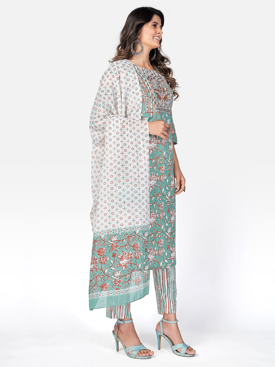 NOZ2TOZ Women Sea Green Cotton Kurta with Pant & Dupatta (3pcs Set) 