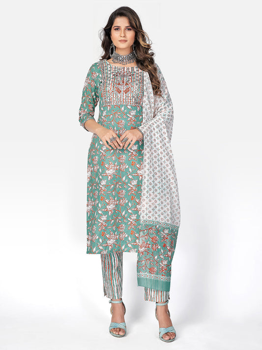 NOZ2TOZ Women Sea Green Cotton Kurta with Pant & Dupatta (3pcs Set) 