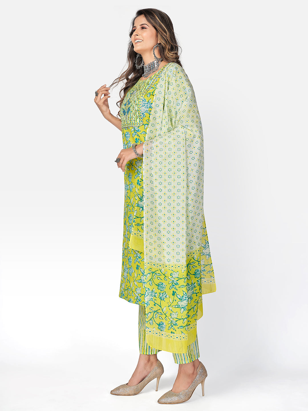 NOZ2TOZ Women Lime Green Cotton Kurta with Pant & Dupatta (3pcs Set 