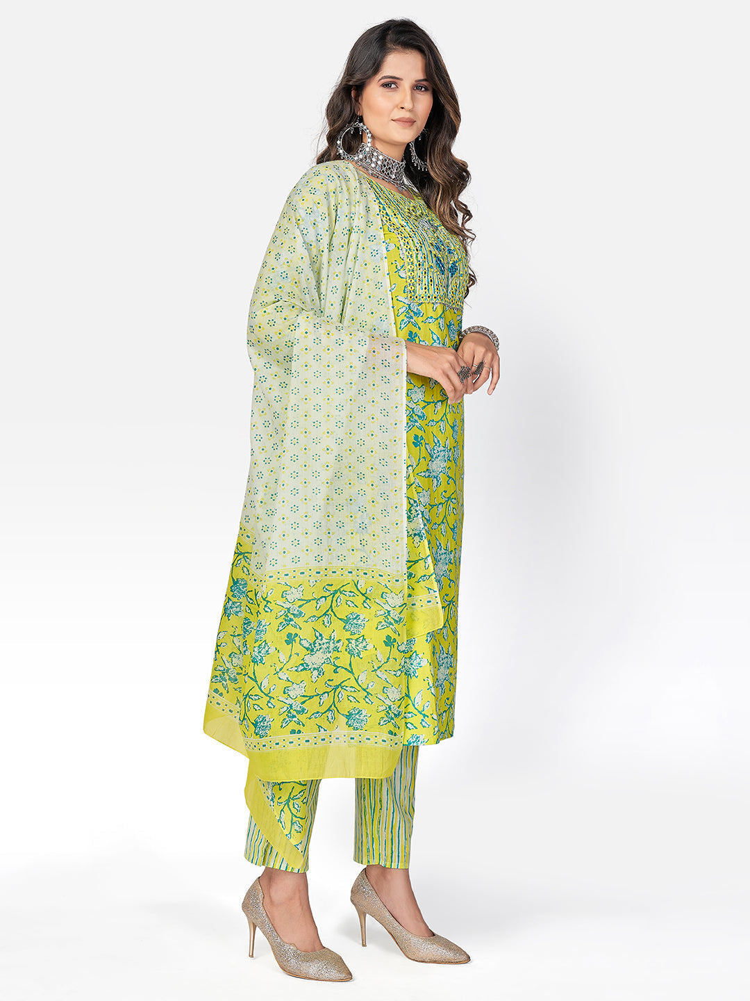 NOZ2TOZ Women Lime Green Cotton Kurta with Pant & Dupatta (3pcs Set 