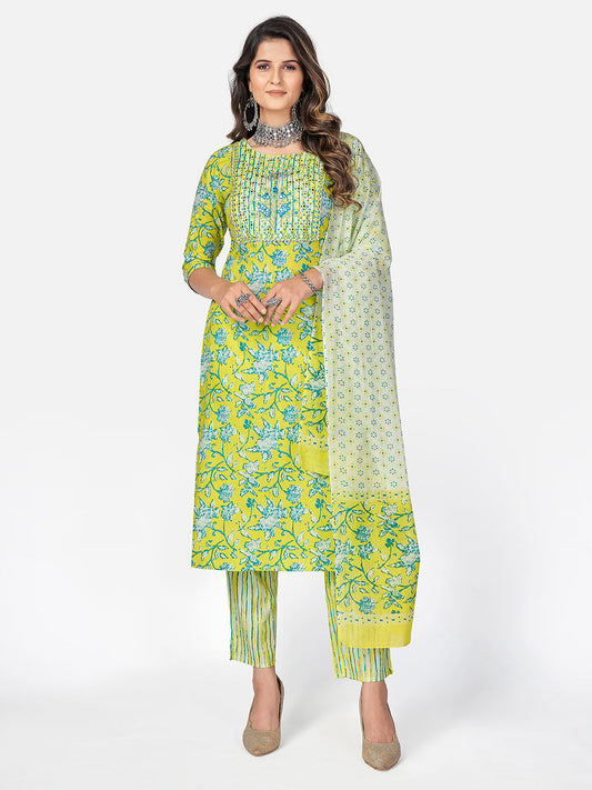 NOZ2TOZ Women Lime Green Cotton Kurta with Pant & Dupatta (3pcs Set 