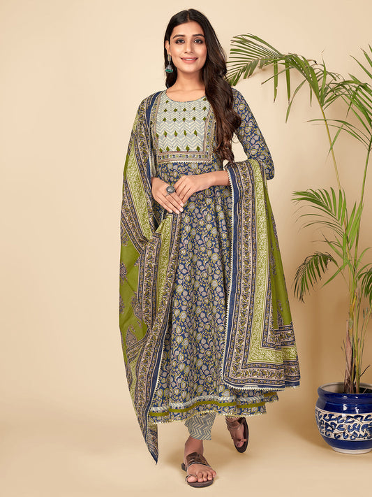 NOZ2TOZ Women Blue Anarkali Cotton Kurta with Pant & Dupatta (3pcs Set) 