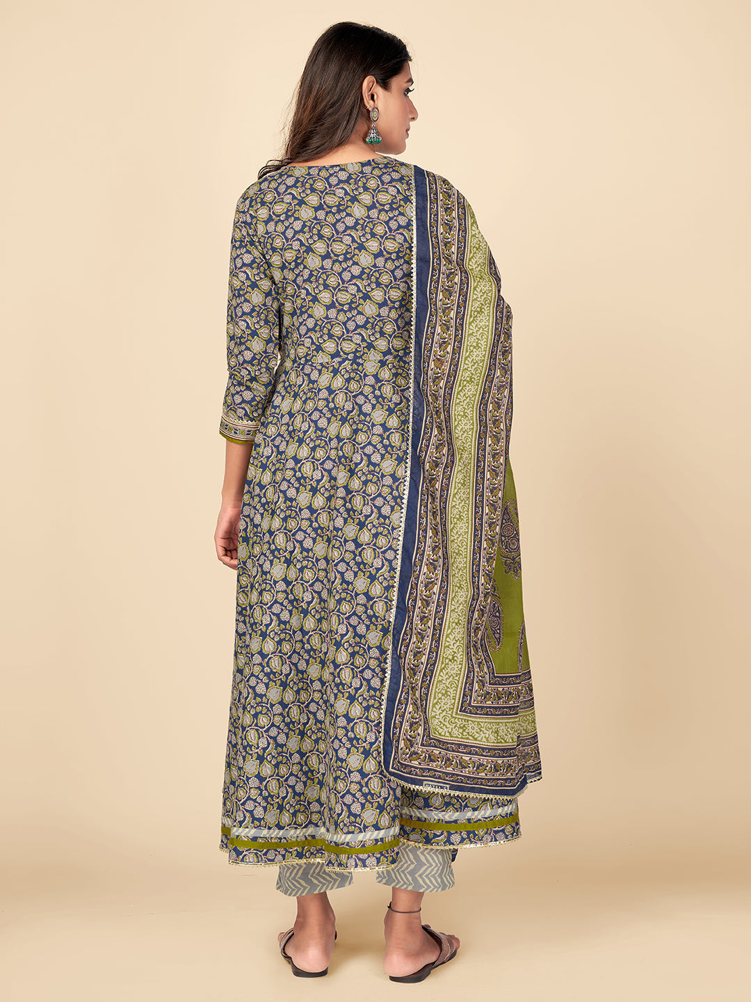 NOZ2TOZ Women Blue Anarkali Cotton Kurta with Pant & Dupatta (3pcs Set) 