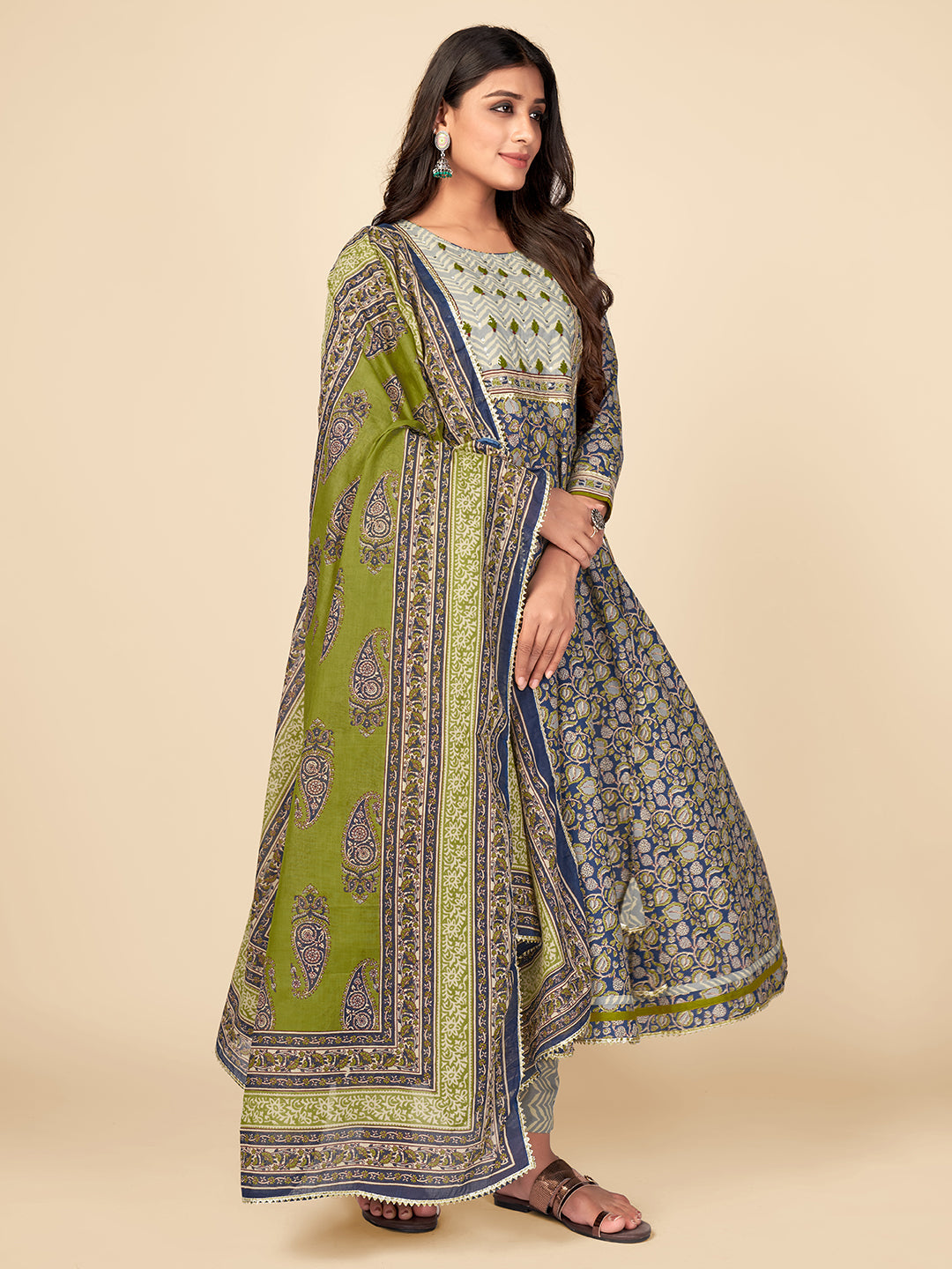 NOZ2TOZ Women Blue Anarkali Cotton Kurta with Pant & Dupatta (3pcs Set) 