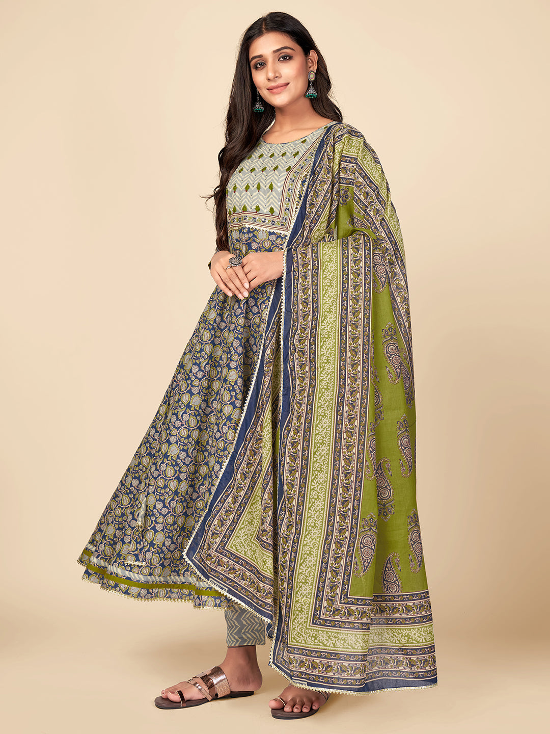 NOZ2TOZ Women Blue Anarkali Cotton Kurta with Pant & Dupatta (3pcs Set) 