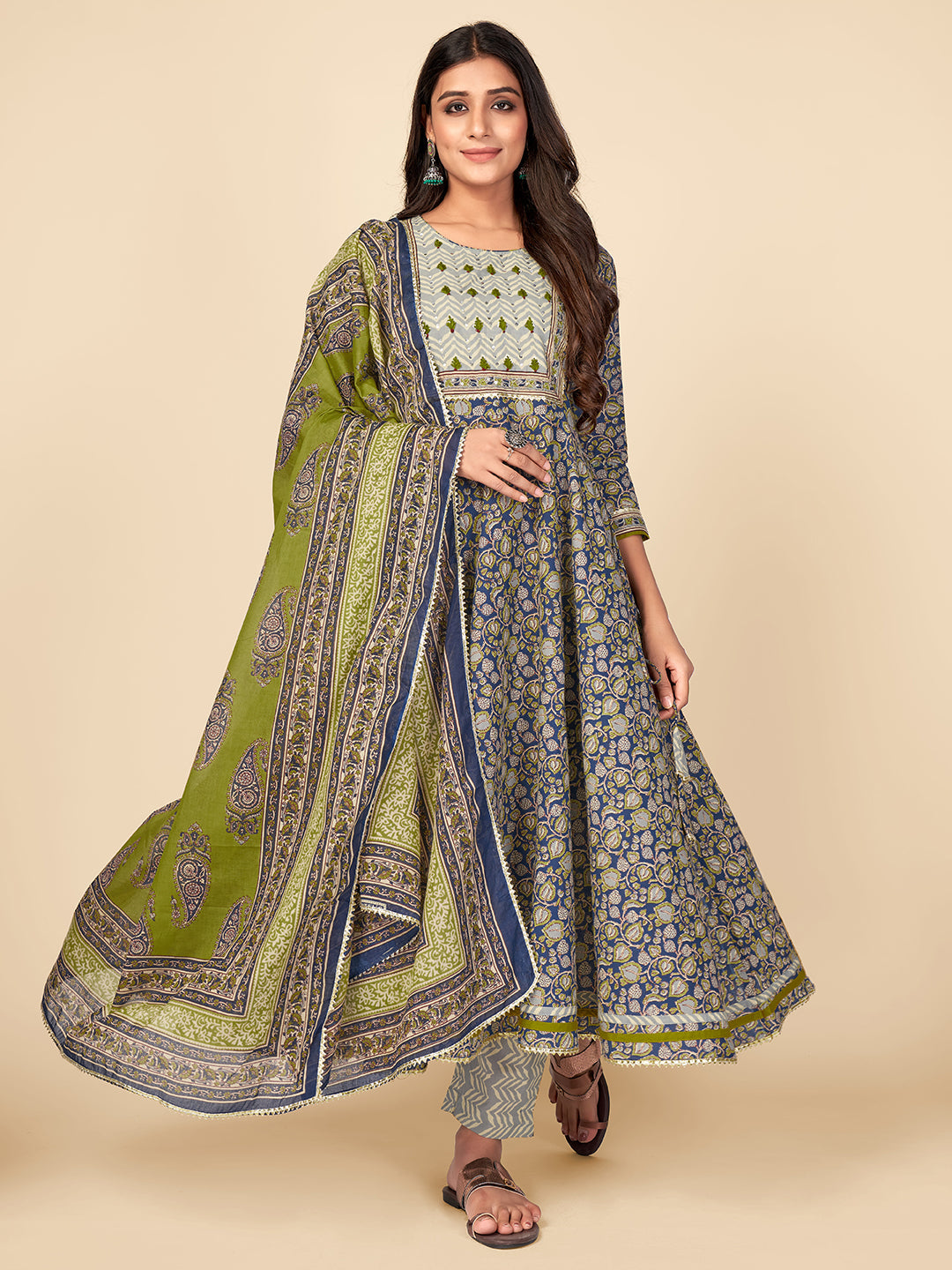 NOZ2TOZ Women Blue Anarkali Cotton Kurta with Pant & Dupatta (3pcs Set) 