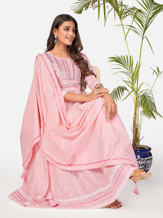 NOZ2TOZ Women Baby Pink Cotton Anarkali Kurta With Pant & Dupatta (3pcs Set)