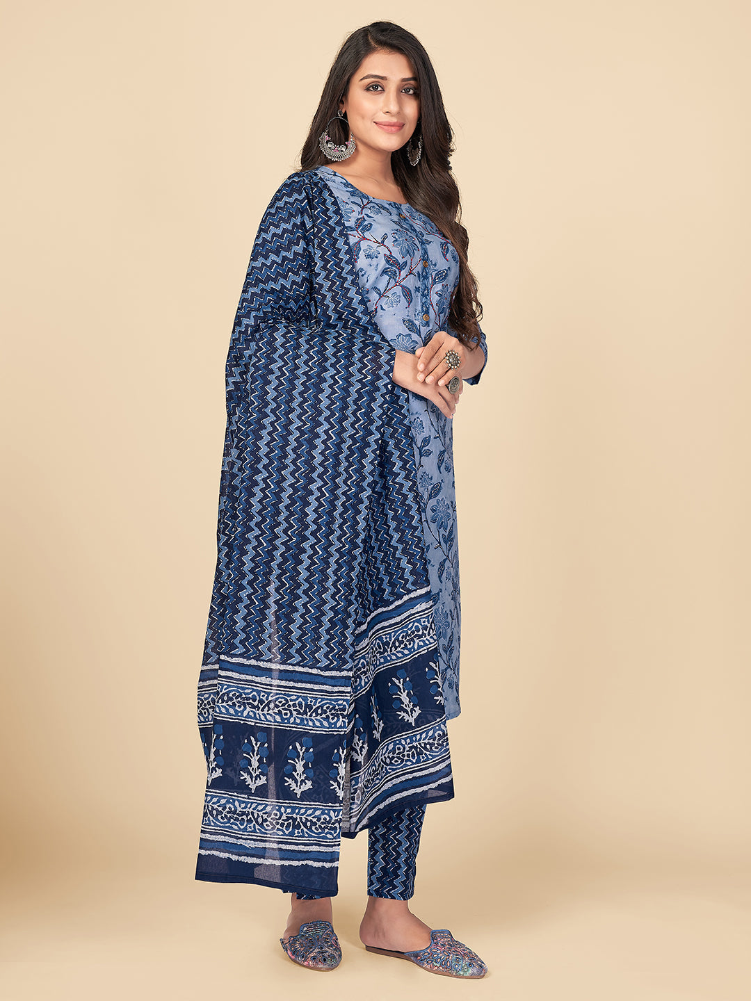 NOZ2TOZ Women Blue Cotton Kurta With Pant & Dupatta (3pcs Set) 