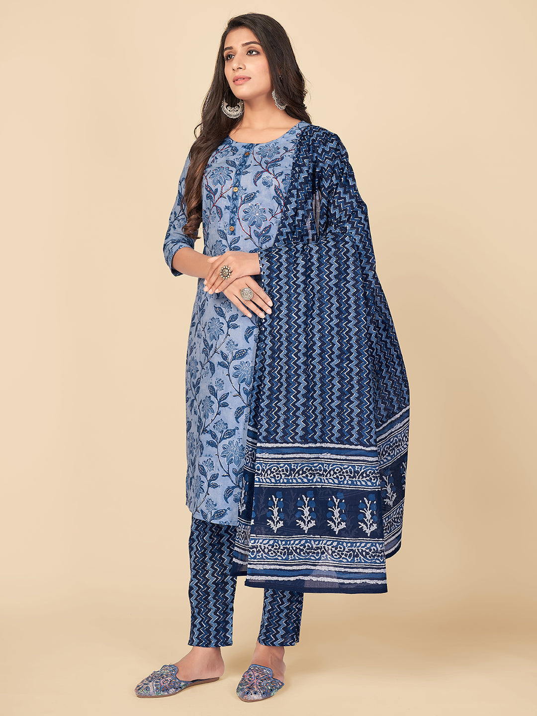 NOZ2TOZ Women Blue Cotton Kurta With Pant & Dupatta (3pcs Set) 