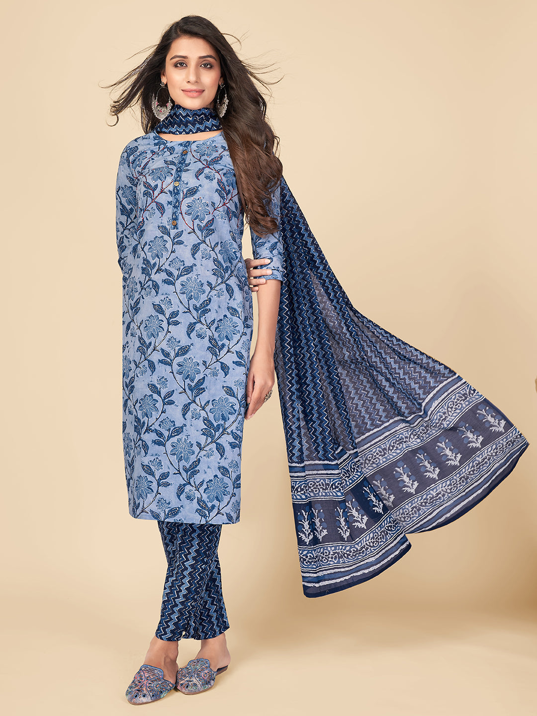 NOZ2TOZ Women Blue Cotton Kurta With Pant & Dupatta (3pcs Set) 