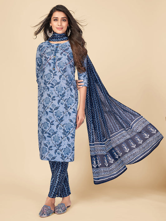 NOZ2TOZ Women Blue Cotton Kurta With Pant & Dupatta (3pcs Set) 