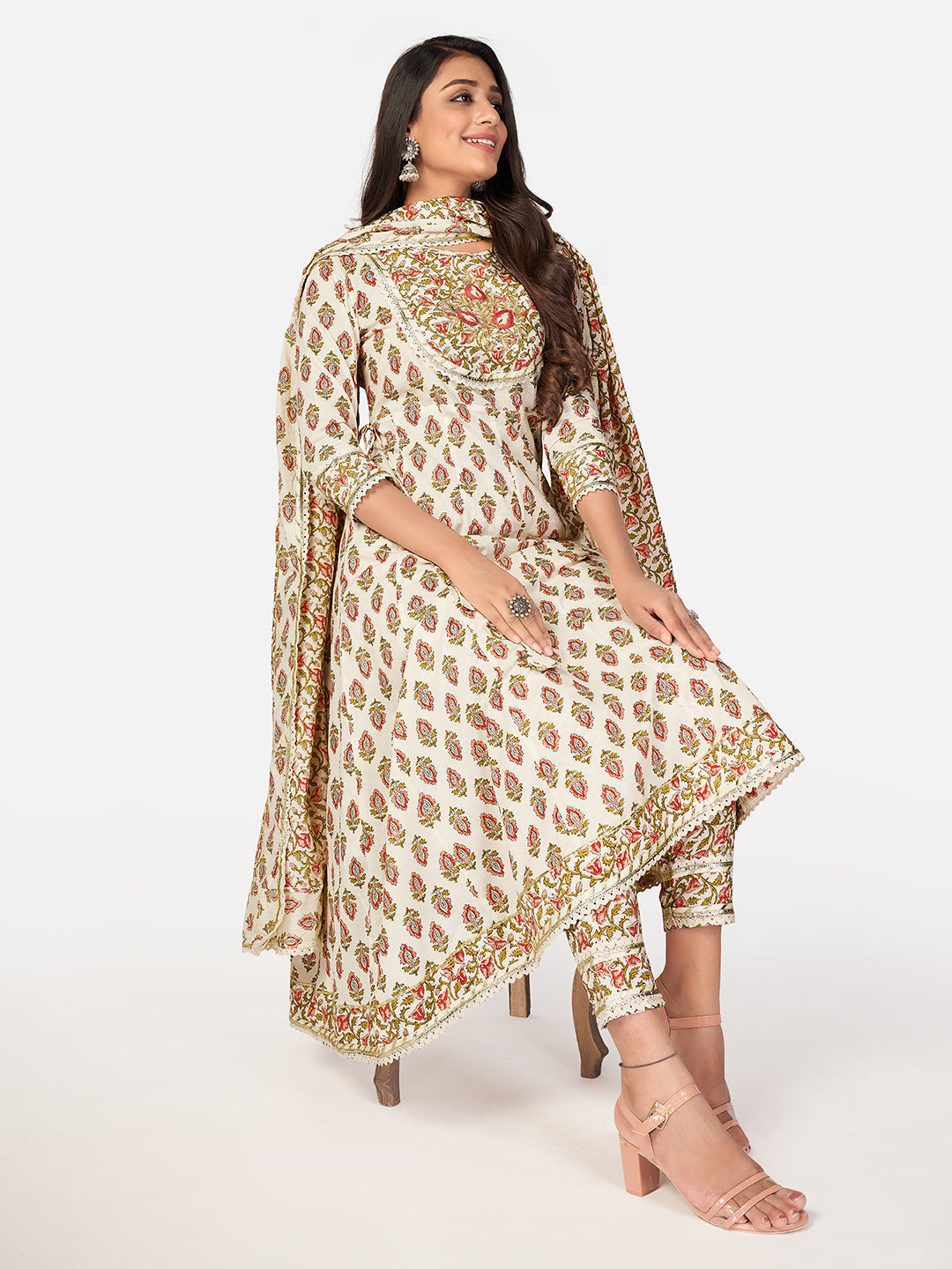 NOZ2TOZ Women Beige Anarkali Cotton Kurta with Pant & Dupatta (3pcs Set) 