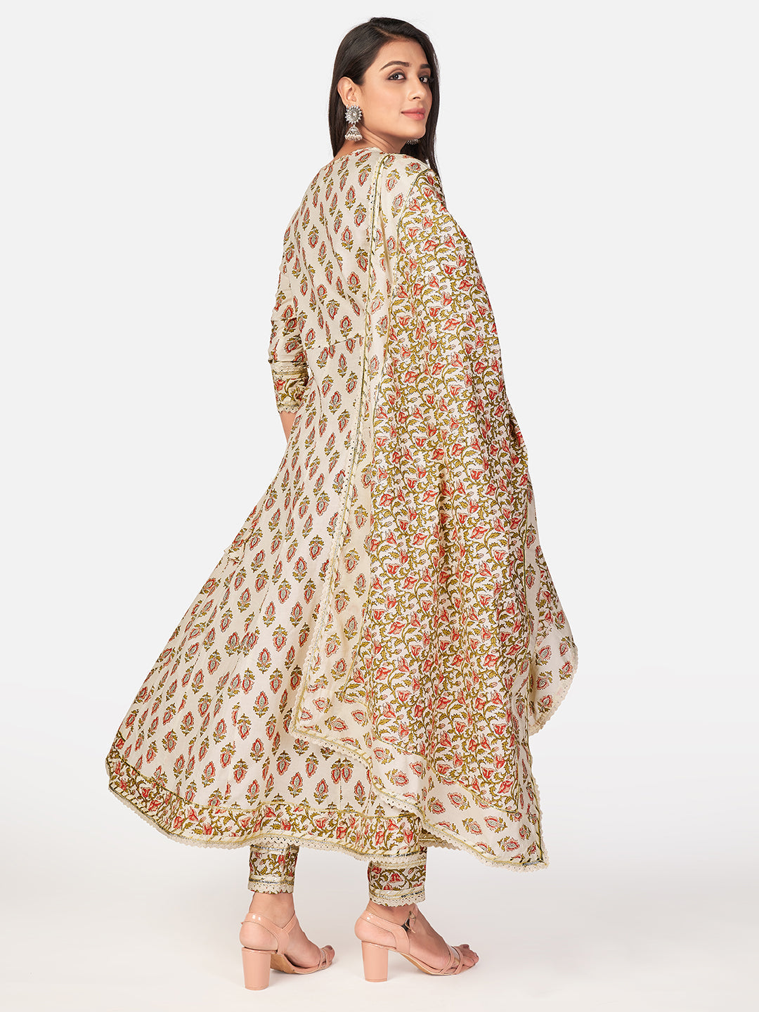 NOZ2TOZ Women Beige Anarkali Cotton Kurta with Pant & Dupatta (3pcs Set) 