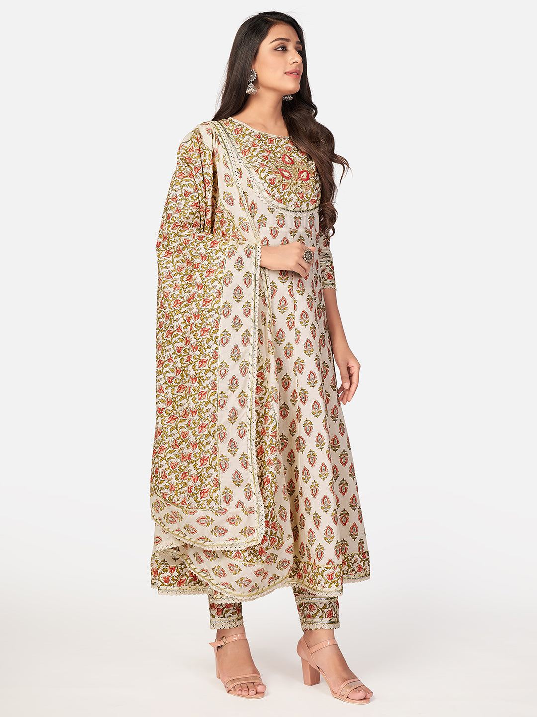 NOZ2TOZ Women Beige Anarkali Cotton Kurta with Pant & Dupatta (3pcs Set) 
