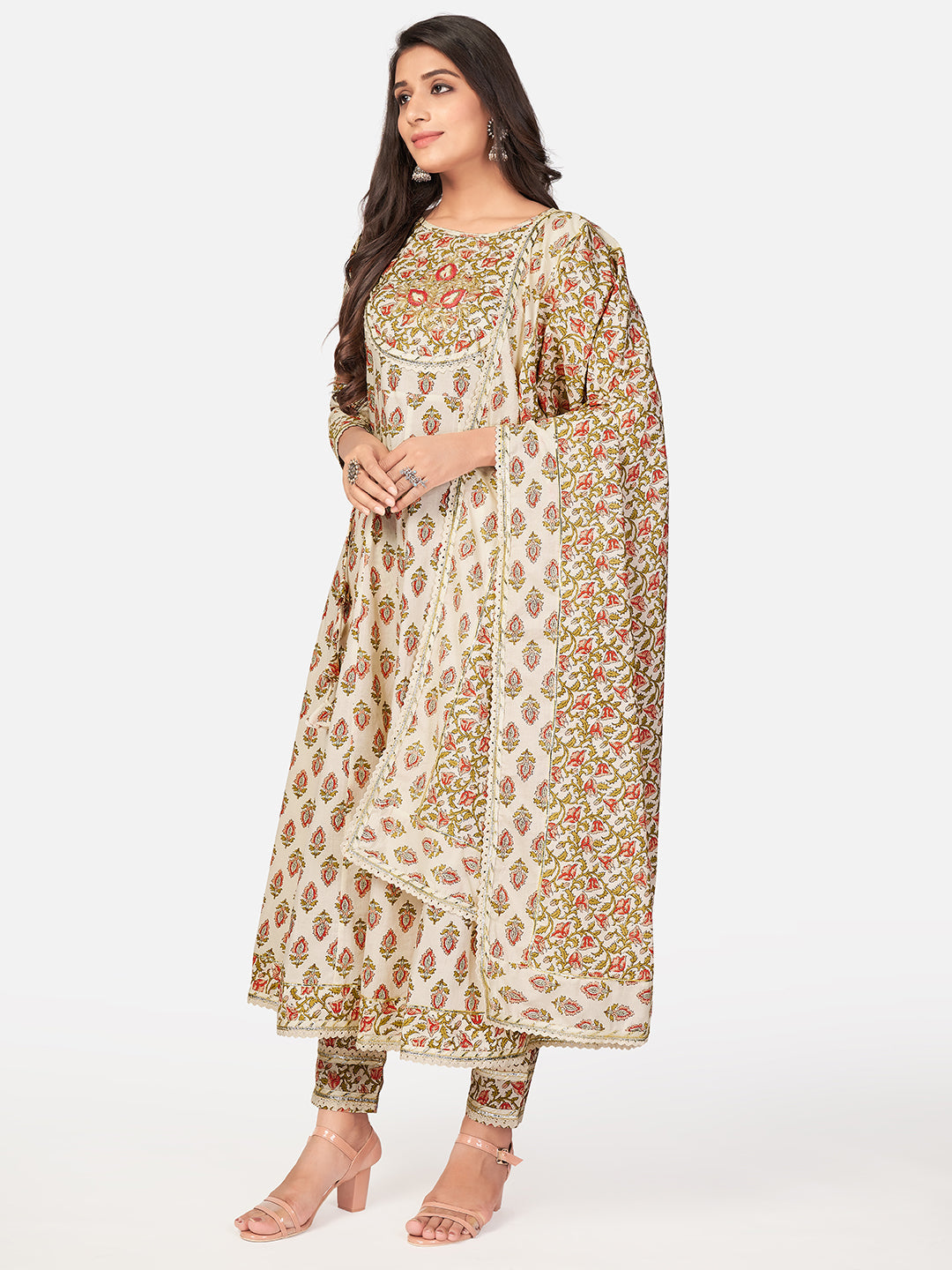 NOZ2TOZ Women Beige Anarkali Cotton Kurta with Pant & Dupatta (3pcs Set) 