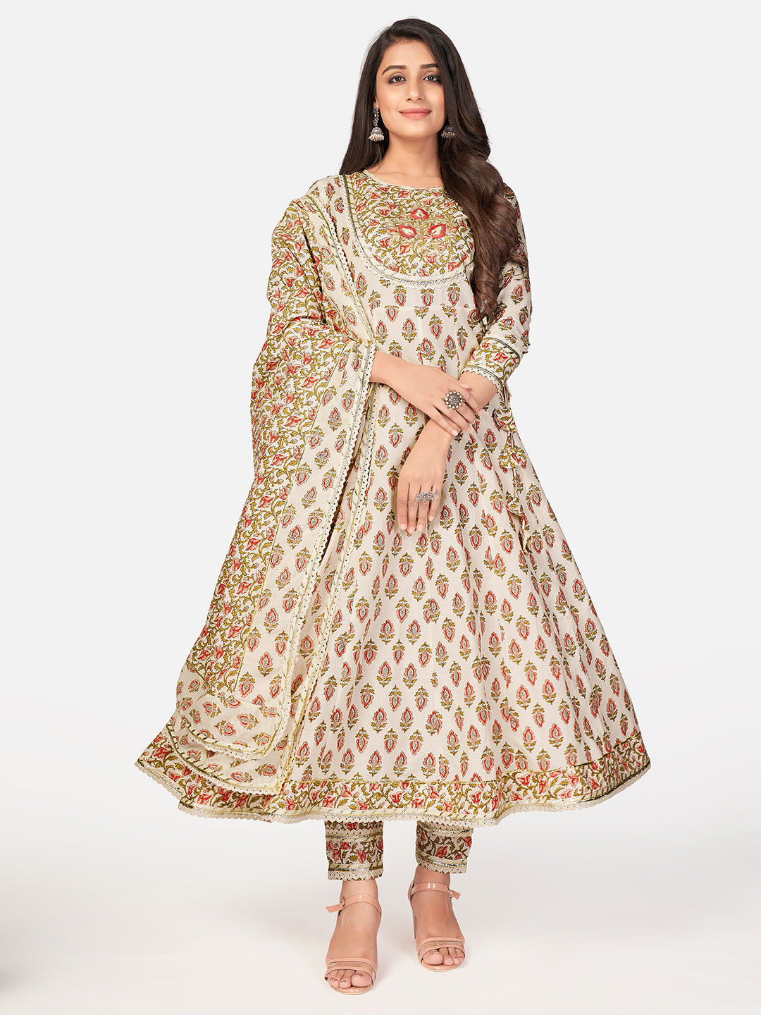 NOZ2TOZ Women Beige Anarkali Cotton Kurta with Pant & Dupatta (3pcs Set) 