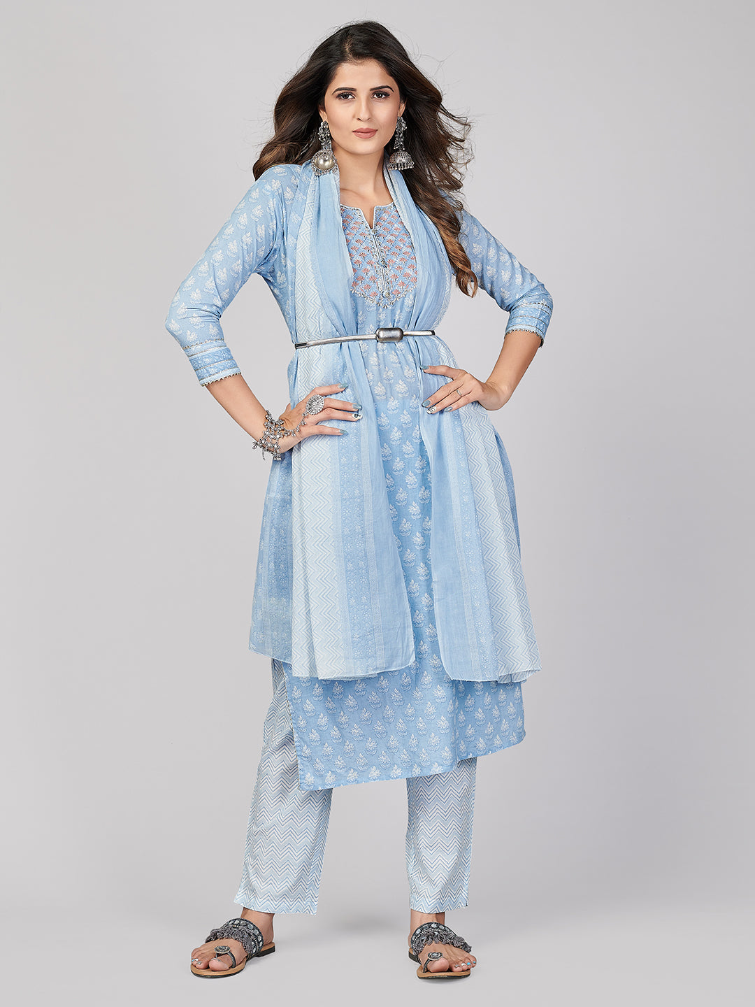 NOZ2TOZ Women's Sky Blue Kurta-Pant With Dupatta set- (3pcs set) 