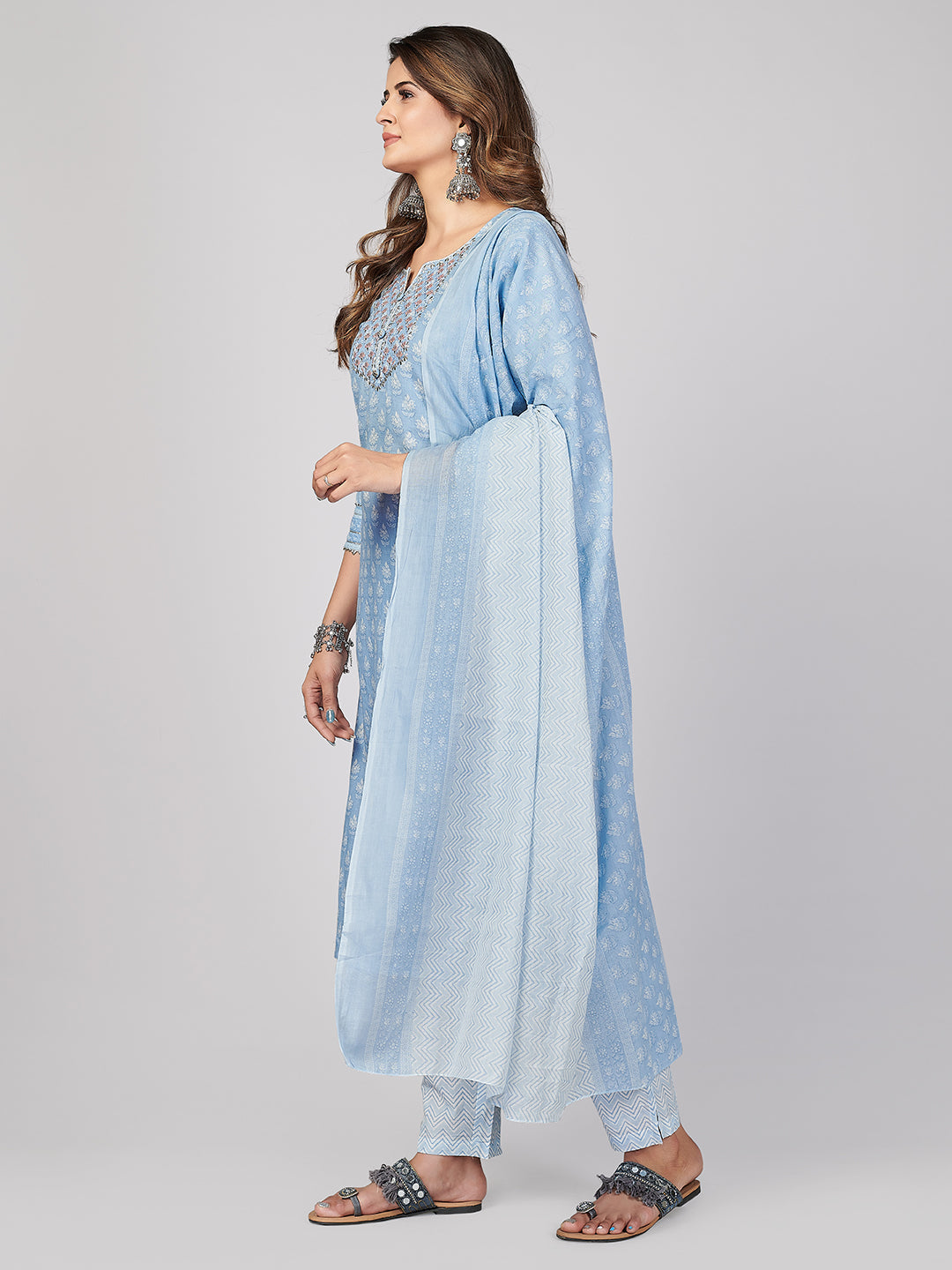 NOZ2TOZ Women's Sky Blue Kurta-Pant With Dupatta set- (3pcs set) 