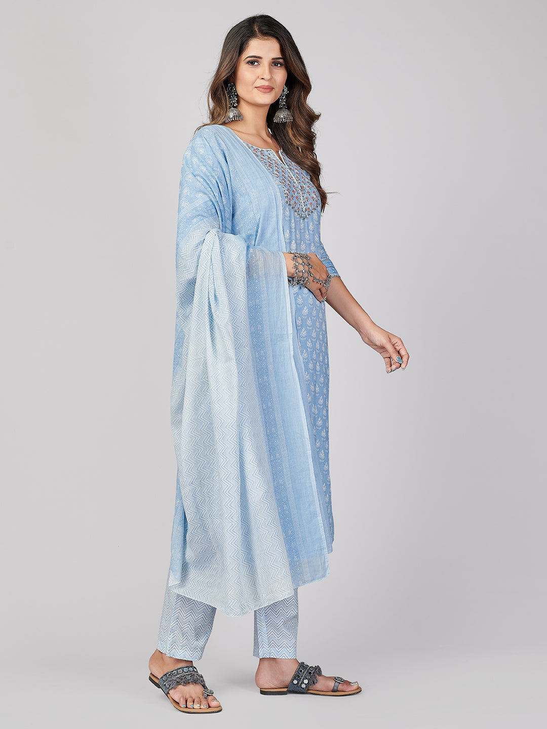 NOZ2TOZ Women's Sky Blue Kurta-Pant With Dupatta set- (3pcs set) 