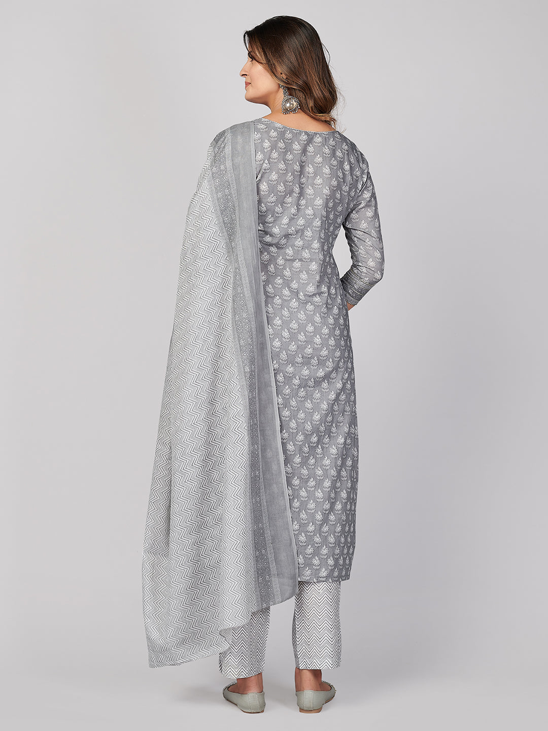 NOZ2TOZ Women's Printed & Embroidered Straight Cotton Grey Stitched Kurta Pant With Dupatta 