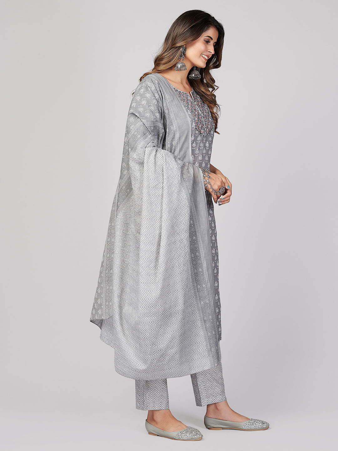 NOZ2TOZ Women's Printed & Embroidered Straight Cotton Grey Stitched Kurta Pant With Dupatta 