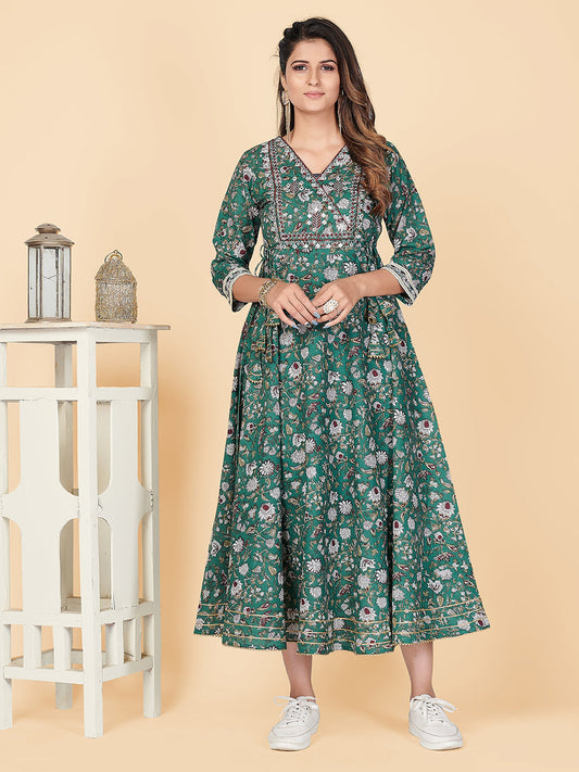 NOZ2TOZ Women's Green Printed Anarkali Cotton Kurta (1 Pc Set)