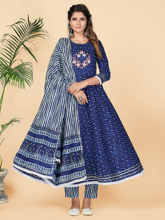 NOZ2TOZ Women's Printed & Hand Work Anarkali Cotton Blue Stitched Kurta Pant With Dupatta