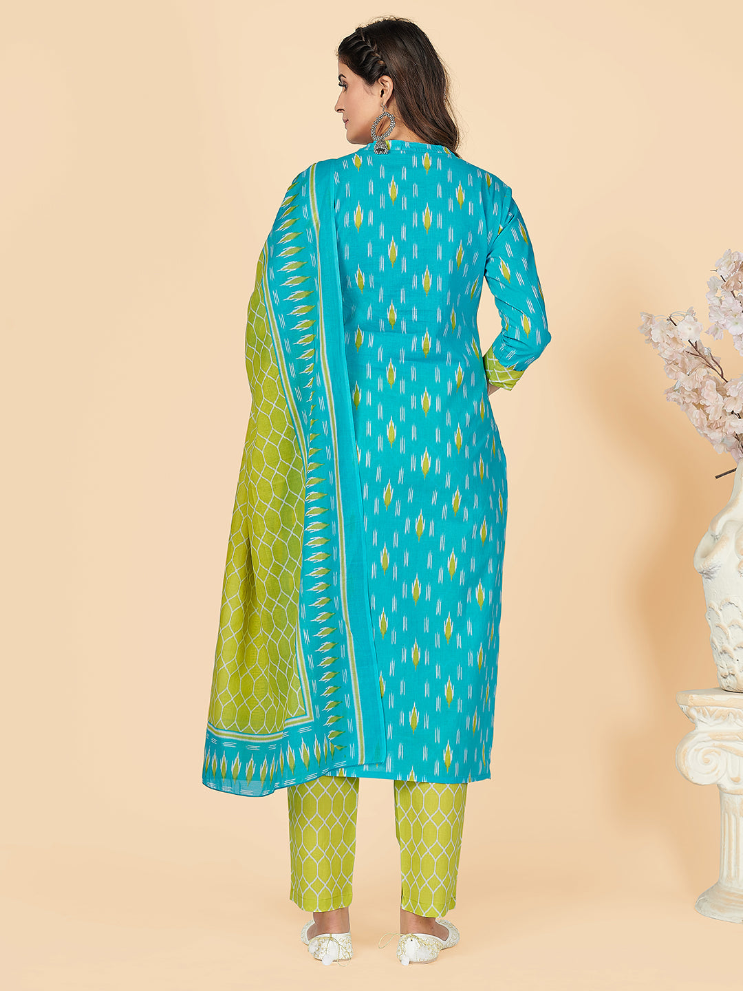 NOZ2TOZ Women's Printed & Embroidered Straight Cotton Sky Blue Stitched Kurta Pant With Dupatta 