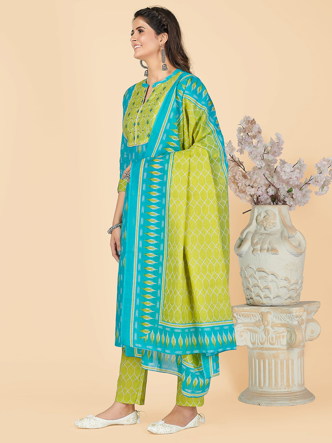NOZ2TOZ Women's Printed & Embroidered Straight Cotton Sky Blue Stitched Kurta Pant With Dupatta 