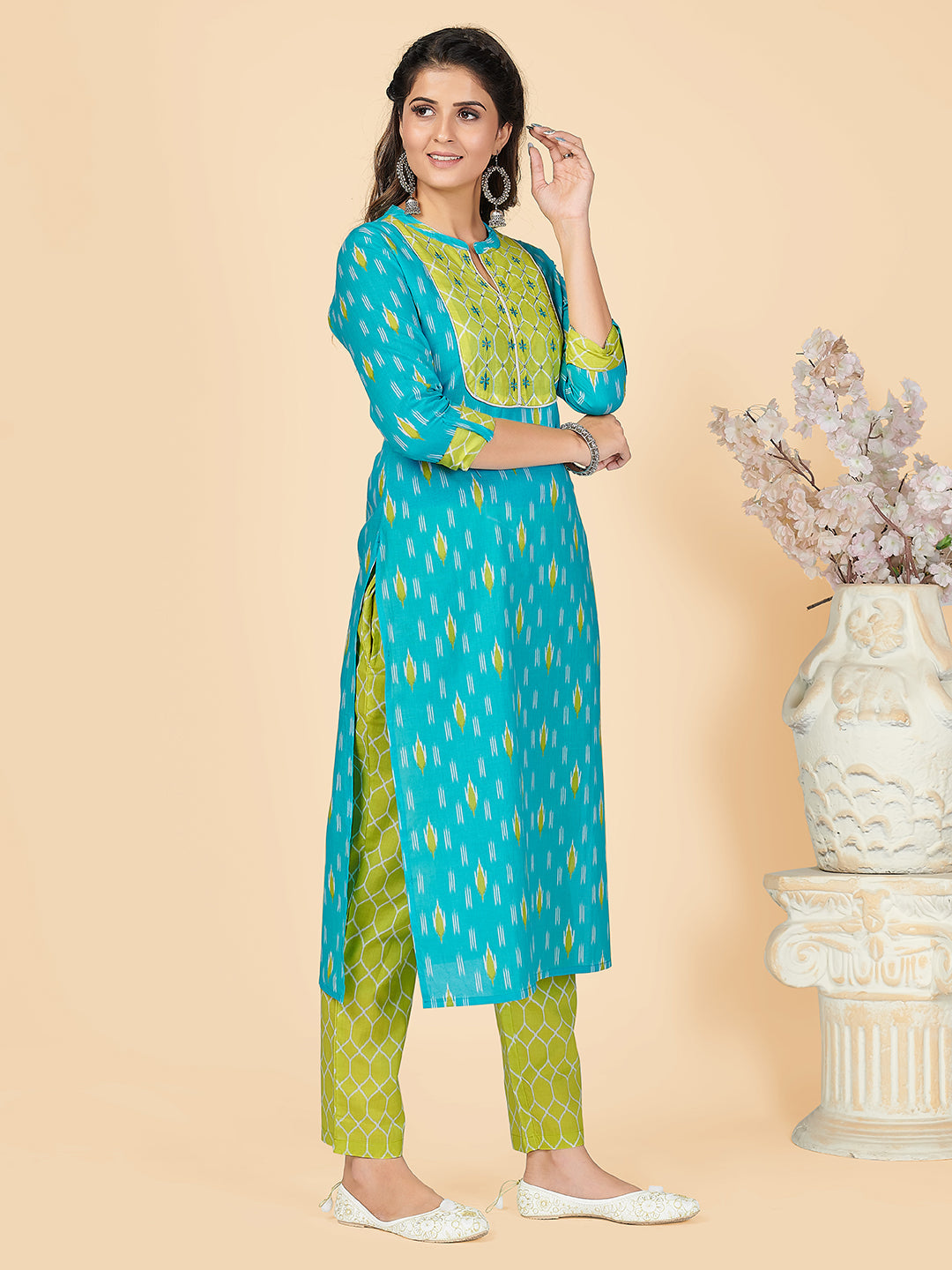 NOZ2TOZ Women's Printed & Embroidered Straight Cotton Sky Blue Stitched Kurta Pant With Dupatta 