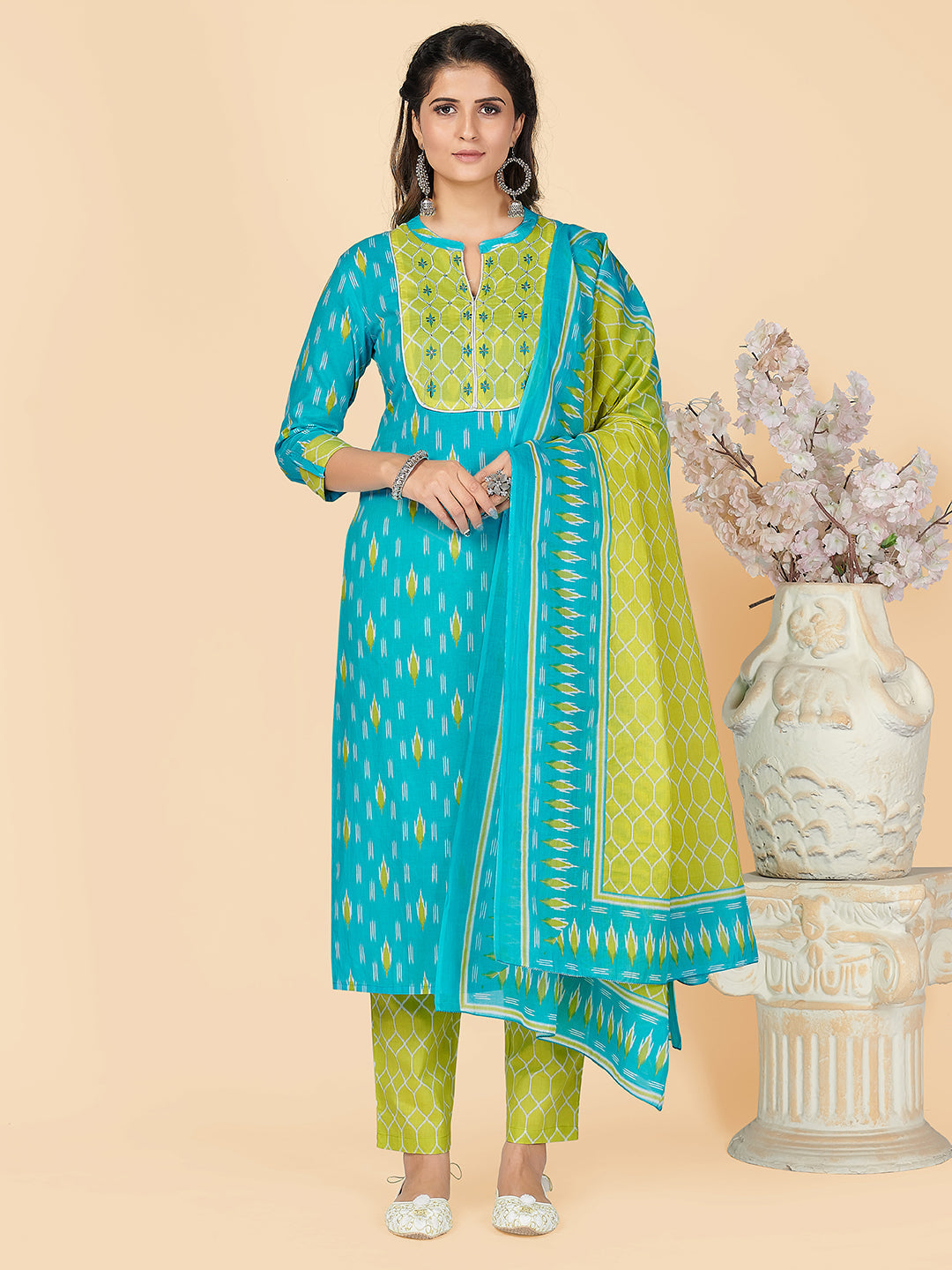 NOZ2TOZ Women's Printed & Embroidered Straight Cotton Sky Blue Stitched Kurta Pant With Dupatta 