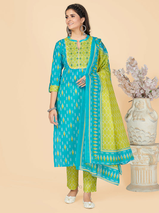 NOZ2TOZ Women's Printed & Embroidered Straight Cotton Sky Blue Stitched Kurta Pant With Dupatta 