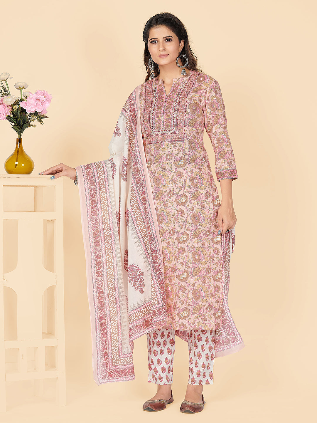 NOZ2TOZ Women's Printed & Embroidered Straight Cotton Peach Stitched Kurta Pant With Dupatta 