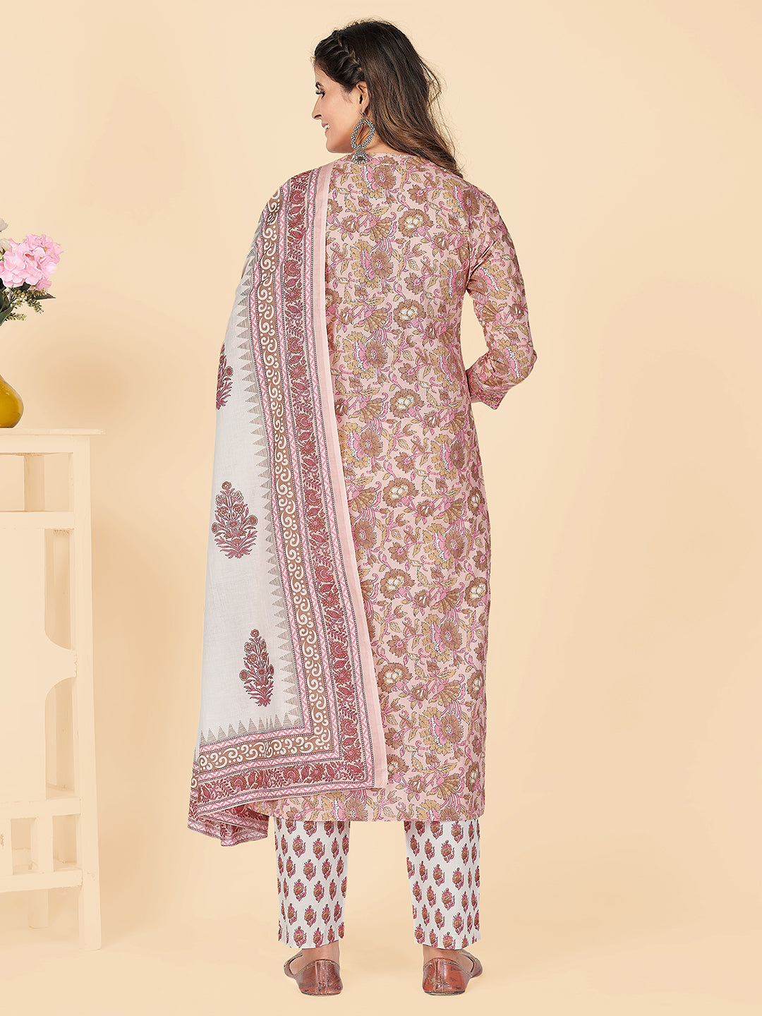 NOZ2TOZ Women's Printed & Embroidered Straight Cotton Peach Stitched Kurta Pant With Dupatta 