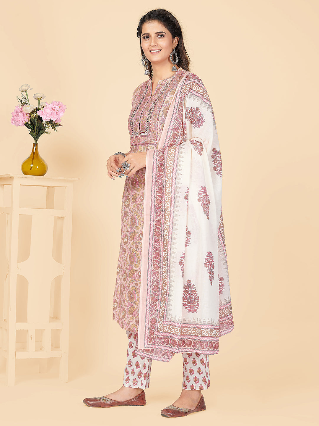 NOZ2TOZ Women's Printed & Embroidered Straight Cotton Peach Stitched Kurta Pant With Dupatta 