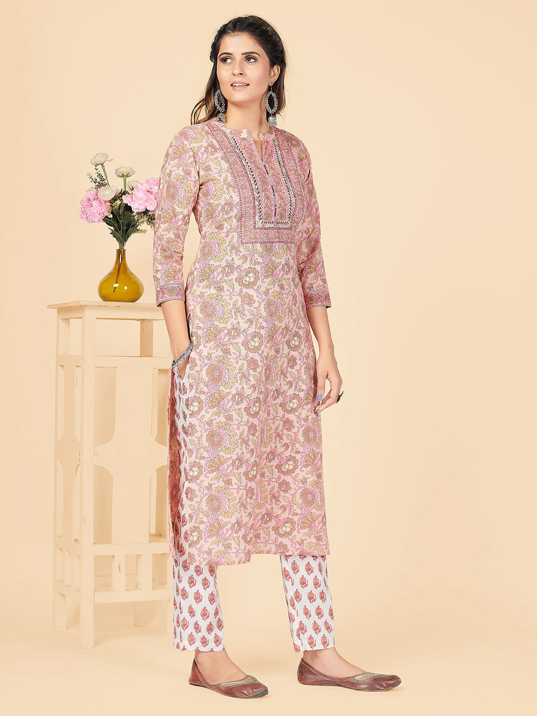 NOZ2TOZ Women's Printed & Embroidered Straight Cotton Peach Stitched Kurta Pant With Dupatta 