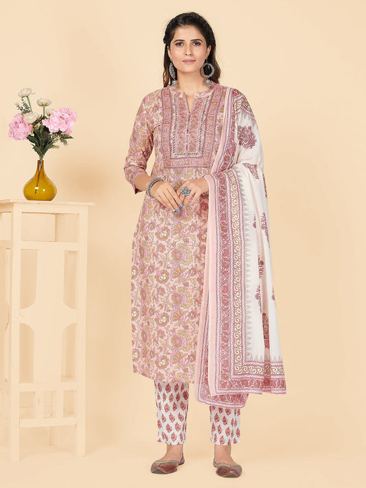 NOZ2TOZ Women's Printed & Embroidered Straight Cotton Peach Stitched Kurta Pant With Dupatta 