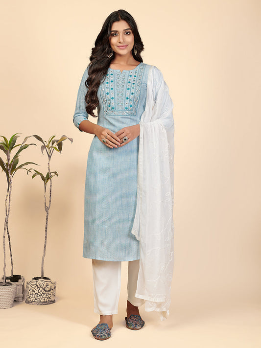 NOZ2TOZ Women's Sky Blue Kurta with Pants & Dupatta (3 Pc Set) 