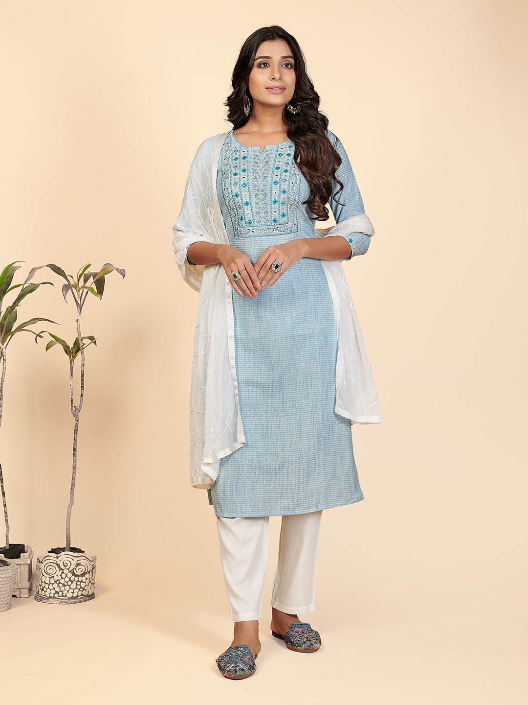 NOZ2TOZ Women's Sky Blue Kurta with Pants & Dupatta (3 Pc Set) 