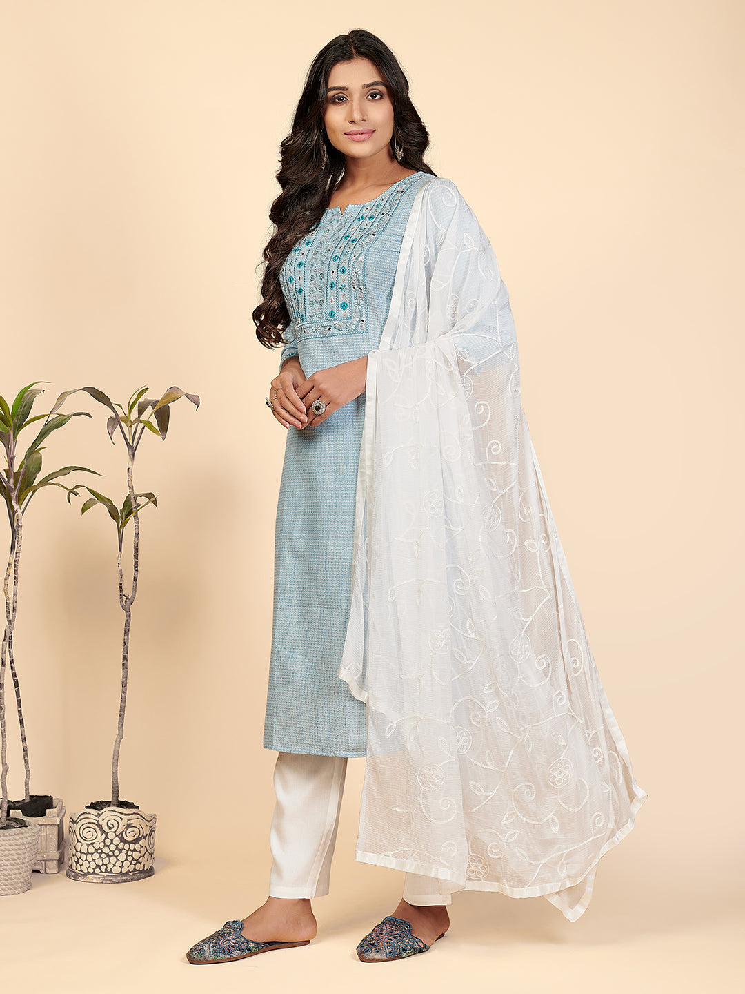 NOZ2TOZ Women's Sky Blue Kurta with Pants & Dupatta (3 Pc Set) 