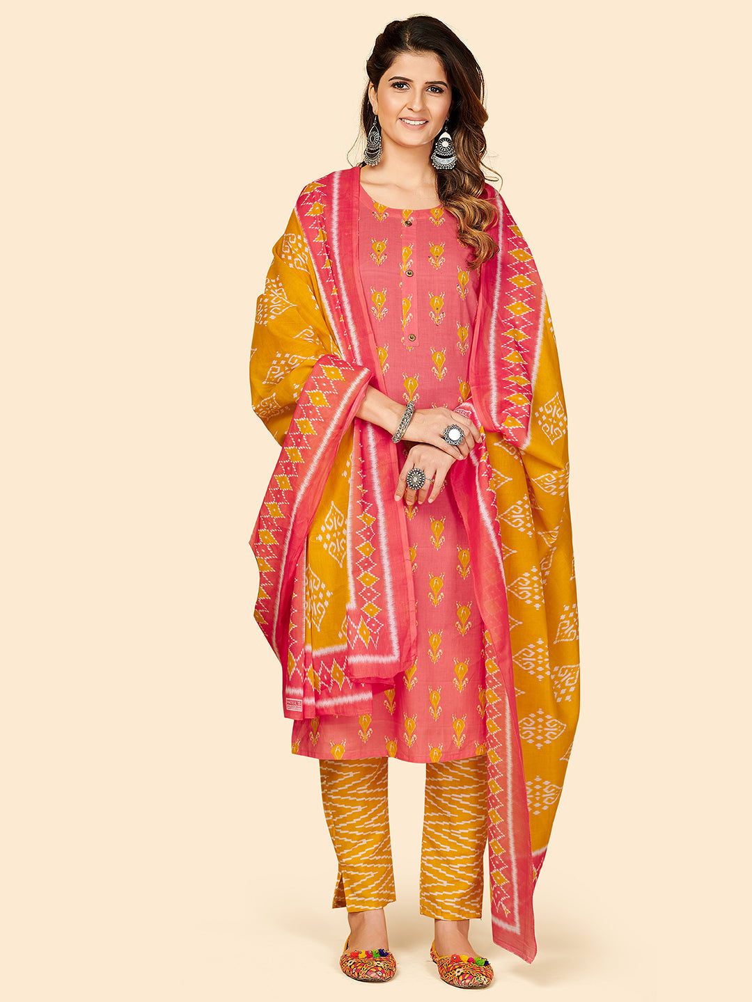 NOZ2TOZ Women's Printed & Hand Work Straight Cotton Coral Stitched Kurta Pant With Dupatta 