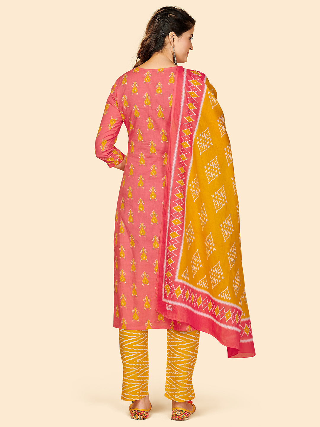 NOZ2TOZ Women's Printed & Hand Work Straight Cotton Coral Stitched Kurta Pant With Dupatta 