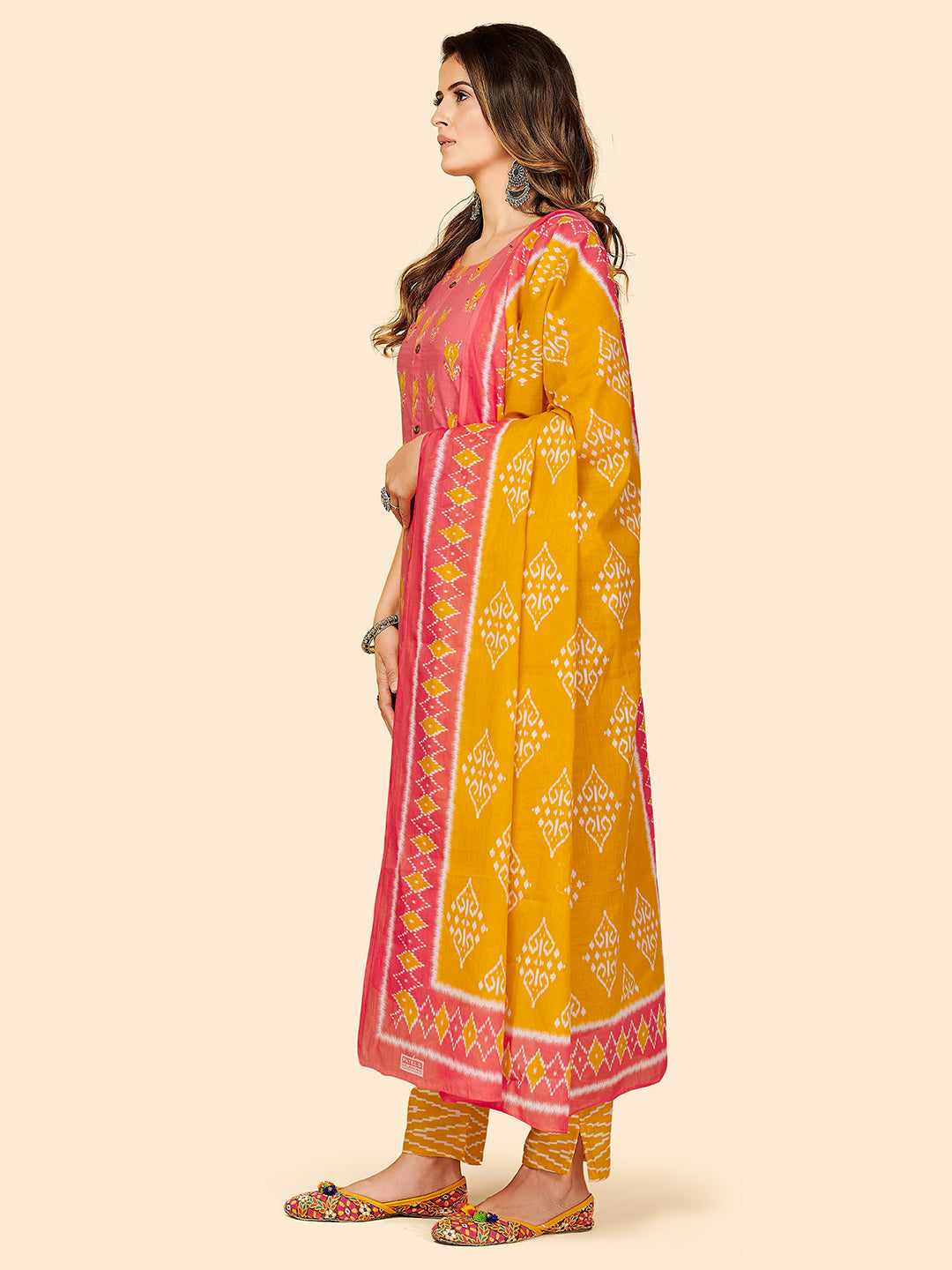 NOZ2TOZ Women's Printed & Hand Work Straight Cotton Coral Stitched Kurta Pant With Dupatta 