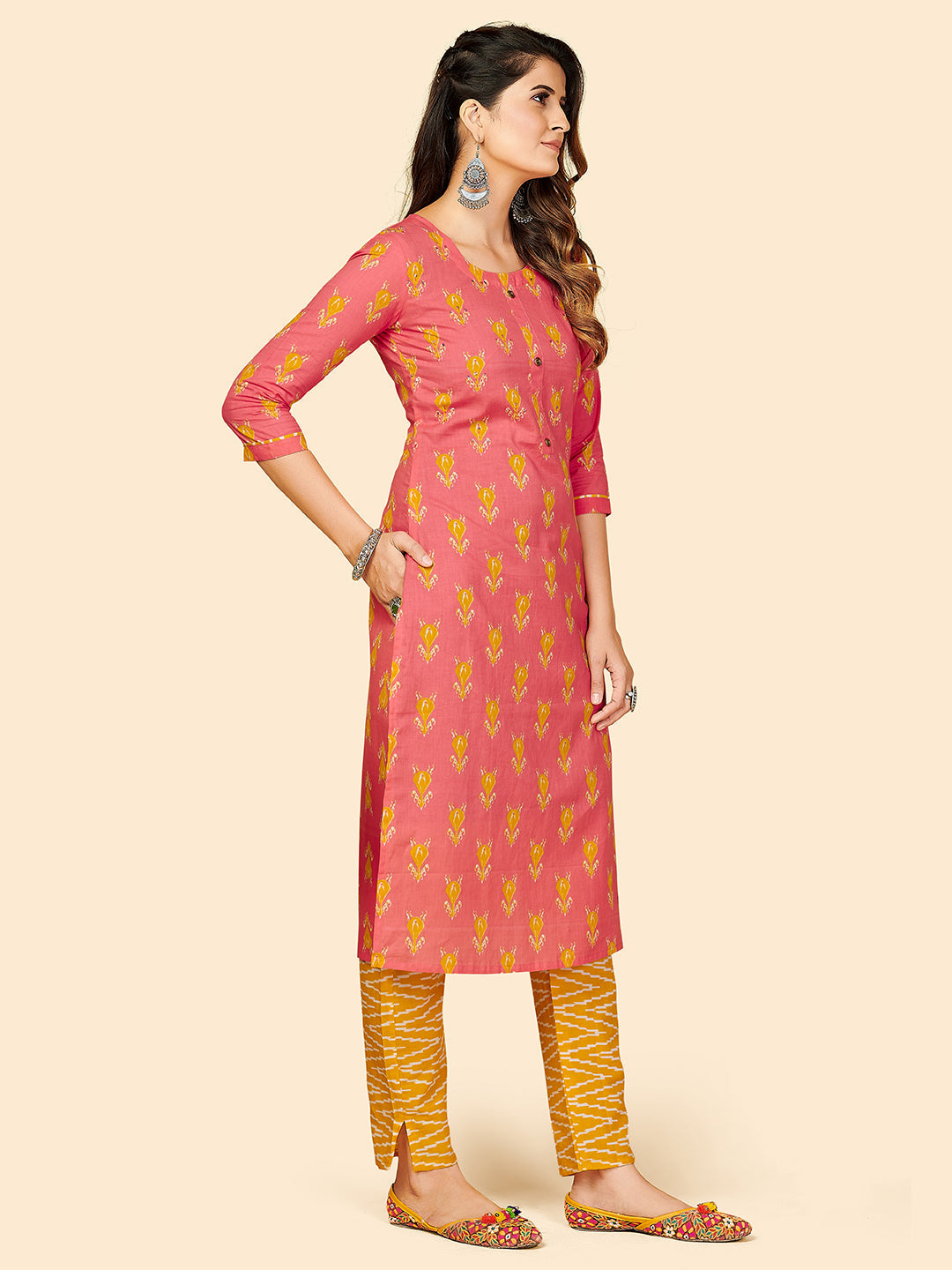 NOZ2TOZ Women's Printed & Hand Work Straight Cotton Coral Stitched Kurta Pant With Dupatta 