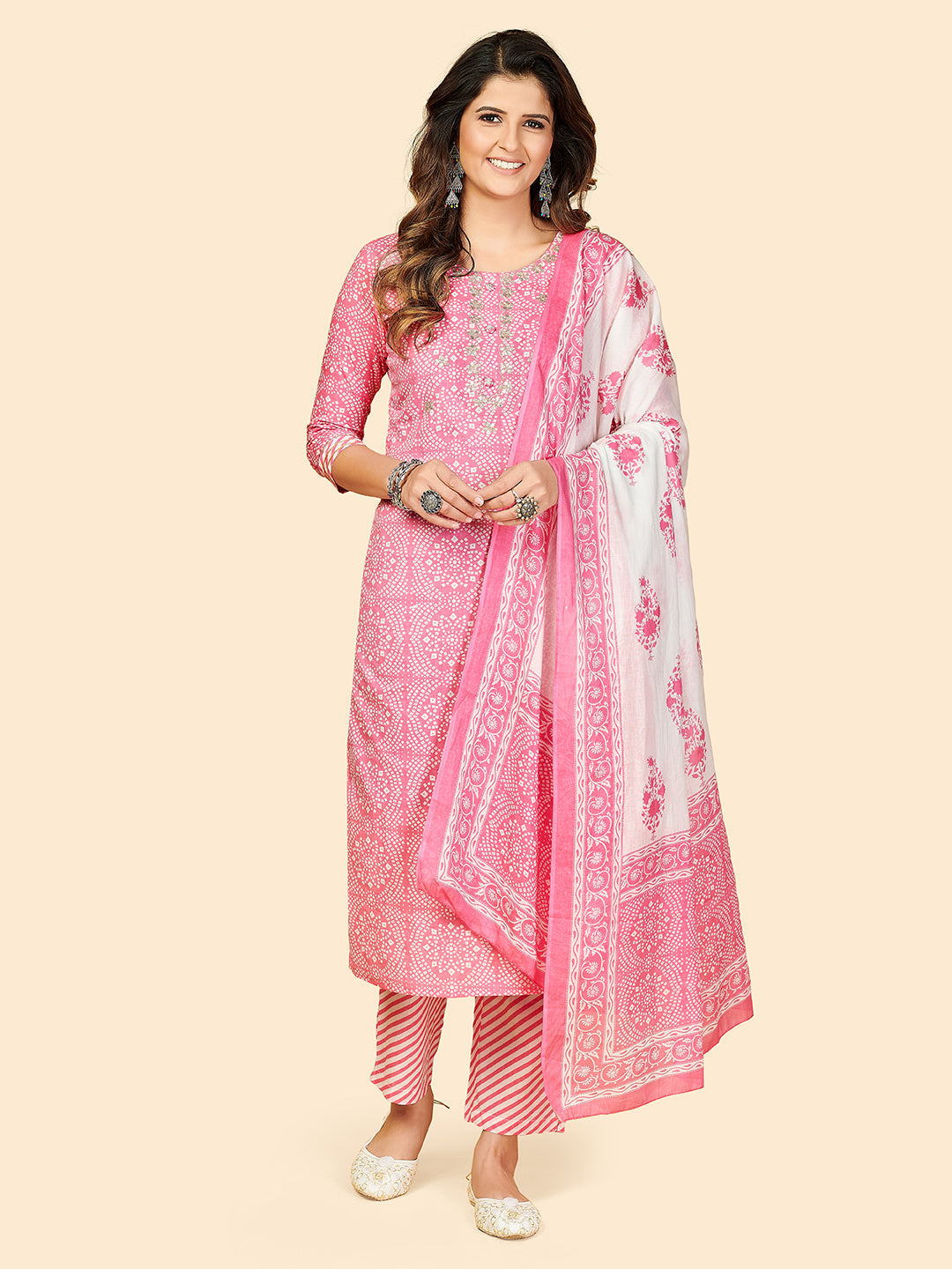NOZ2TOZ Women's Printed & Embroidered Straight Cotton Light Pink Stitched Kurta Pant With Dupatta 