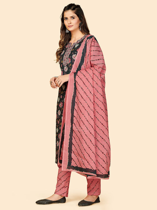 NOZ2TOZ Women Black Cotton Kurta with Pant & Dupatta (3pcs Set) 